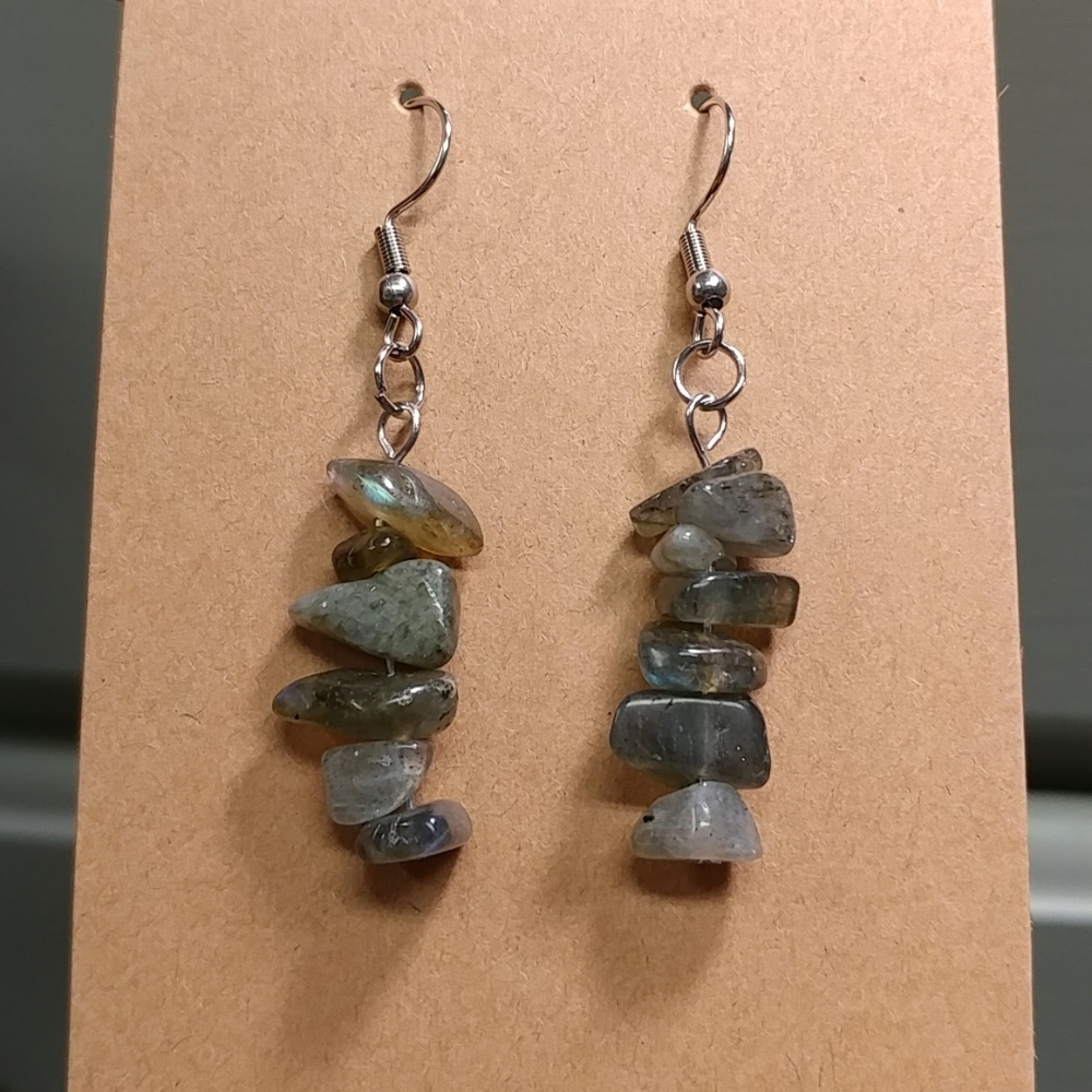 Labradorite Earrings Natural Gemstone Crystal Chip Beaded Surgical Stainless
